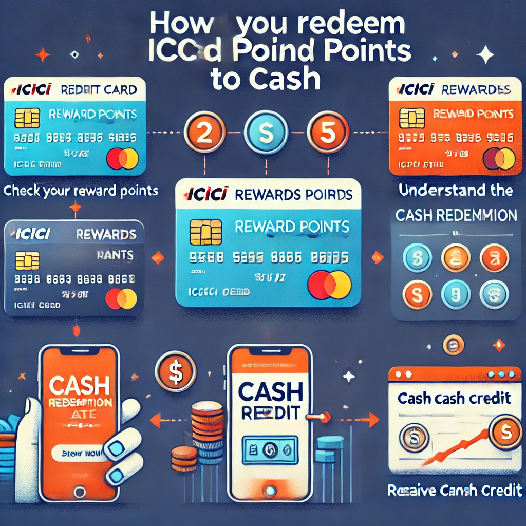 Step-by-step guide to redeem ICICI credit card reward points to cash with icons for each stage, including checking balance, understanding rates, and receiving cash credit.